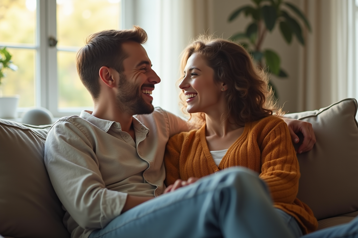 Jeune couple marié souriant dans un salon lumineux