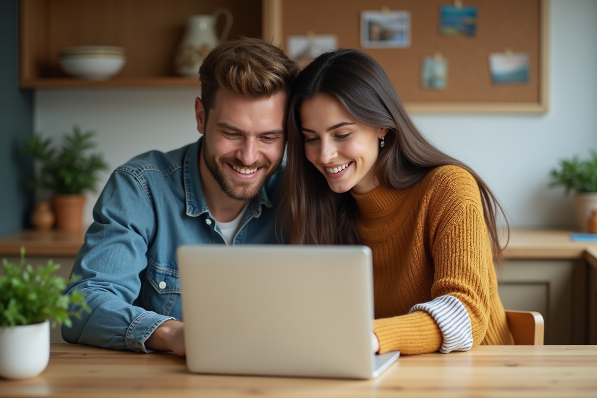 Jeune couple souriant devant un ordinateur dans la cuisine