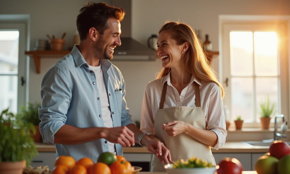 Couple marié riant en cuisinant dans une cuisine moderne