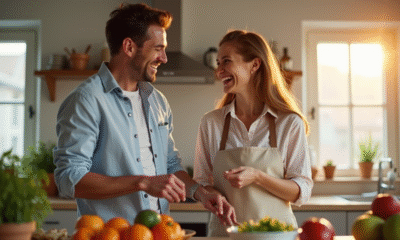 Couple marié riant en cuisinant dans une cuisine moderne