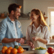Couple marié riant en cuisinant dans une cuisine moderne