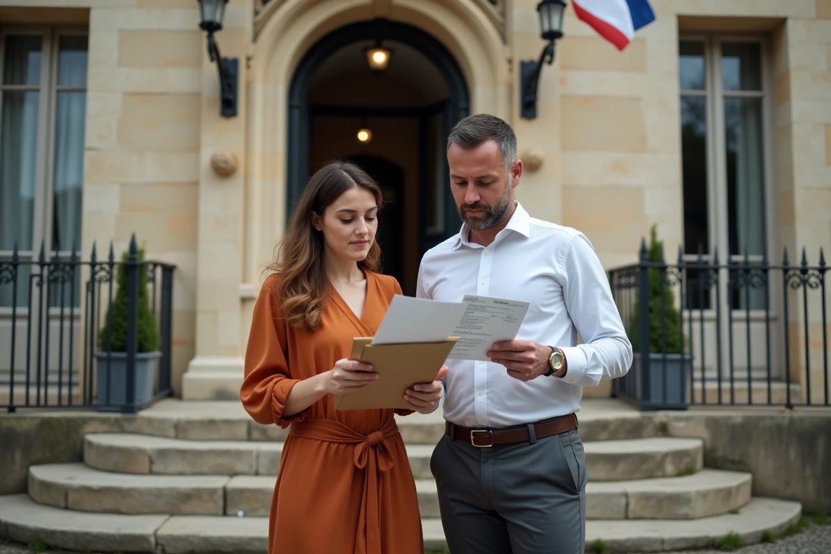 Couple devant la mairie avec les documents nécessaires à la publication des bans de mariage
