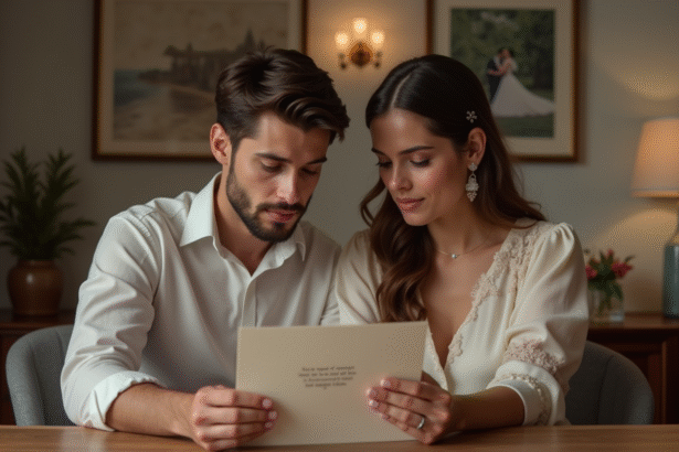 Jeune couple élégant discutant d'une invitation de mariage à la maison