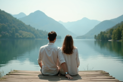 Couple assis sur un pont en bois au bord d'un lac paisible