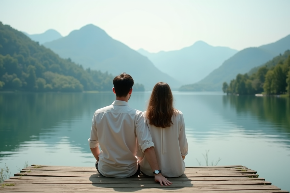 Couple assis sur un pont en bois au bord d'un lac paisible