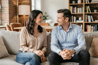 Couple élégant en conversation naturelle dans un appartement parisien moderne, illustrant la complicité d'un duo médiatique