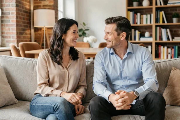 Couple élégant en conversation naturelle dans un appartement parisien moderne, illustrant la complicité d'un duo médiatique