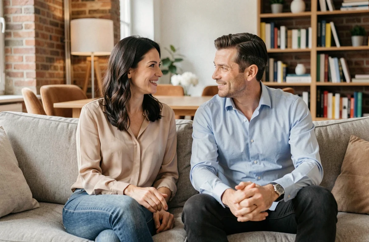 Couple élégant en conversation naturelle dans un appartement parisien moderne, illustrant la complicité d'un duo médiatique