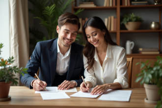 Jeune couple élégamment habillé préparant des invitations de mariage