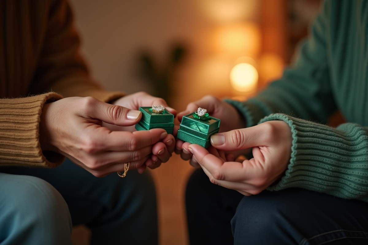 Vieux couple échangeant des bijoux en émeraude dans un salon chaleureux
