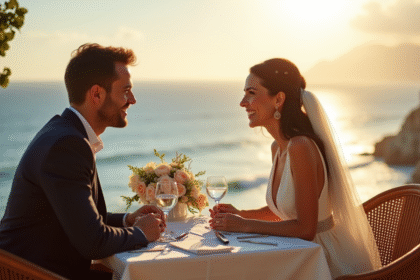 Couple de jeunes mariés au café face à l'océan en lune de miel
