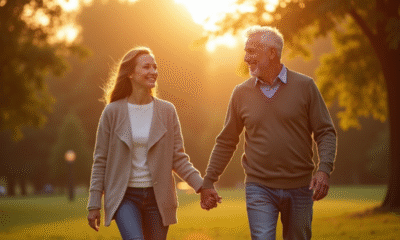 Couple mature main dans la main dans un parc ensoleille