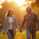 Couple mature main dans la main dans un parc ensoleille