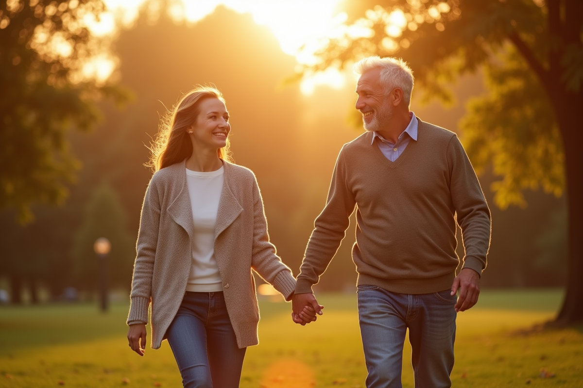 Couple mature main dans la main dans un parc ensoleille