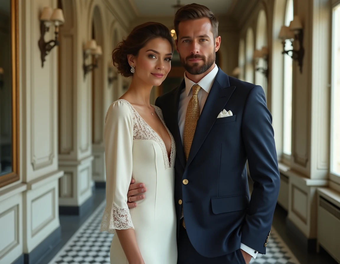 Portrait élégant d'un couple en tenues vintage Art Déco coordonnées pour un mariage, robe crêpe antique et costume marine dans un couloir haussmannien