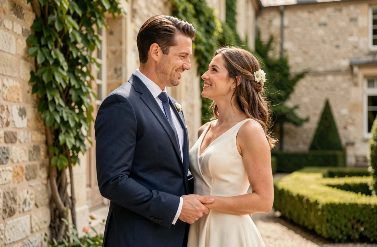 Couple élégant en tenue de mariage devant un château français en 2026, sourire complice et atmosphère romantique