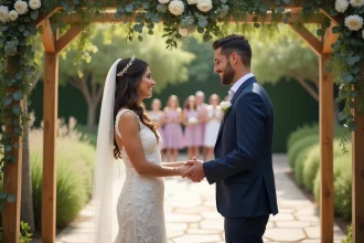 Couple échangeant leurs vœux lors d'un mariage laïque en plein air sous un arche fleuri
