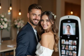 Couple souriant dans un mariage avec photobooth moderne