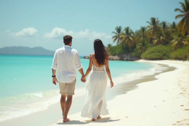 Jeune couple en mariage sur une plage tropicale