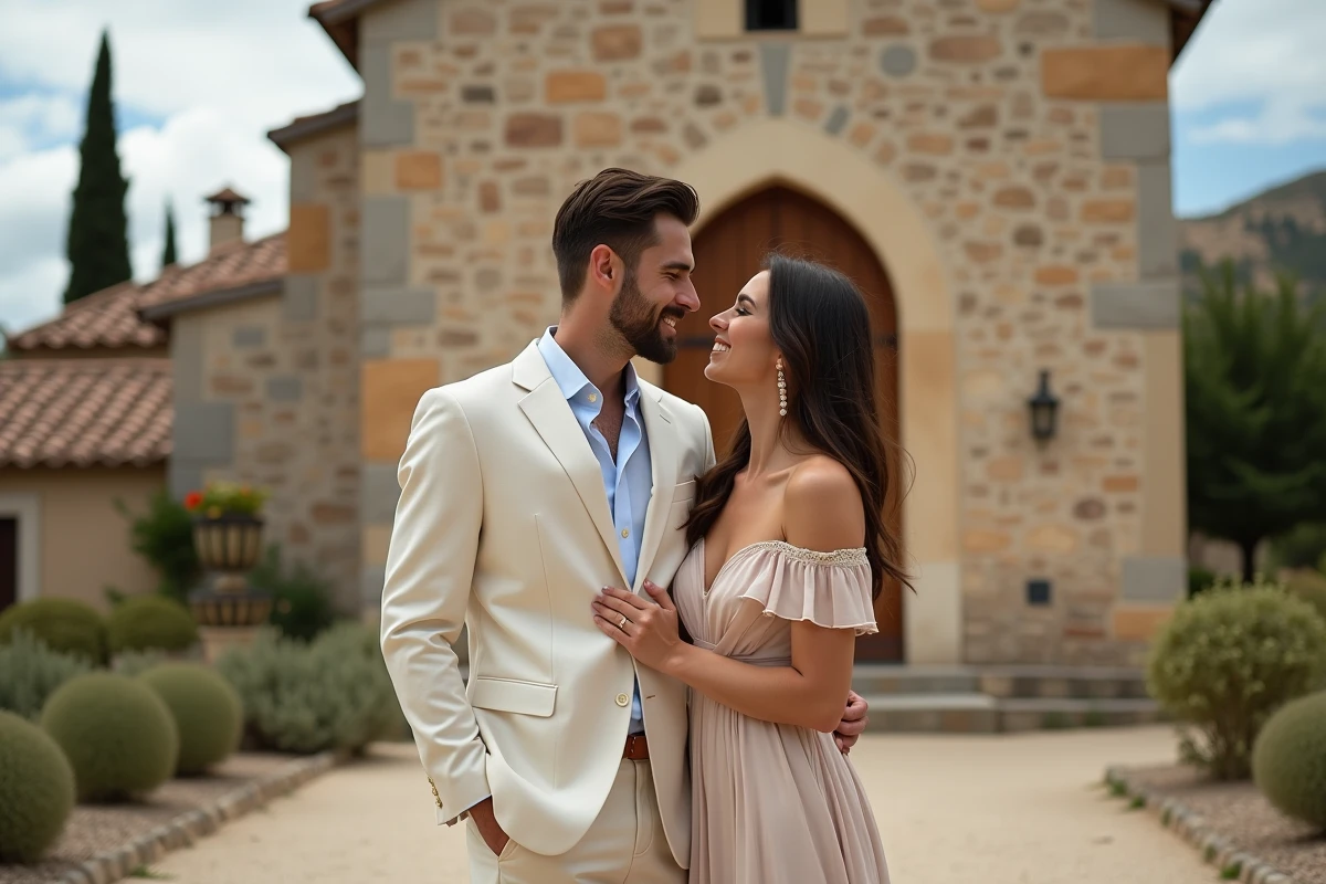Couple de mariés devant une chapelle en pierre du Luberon, robe de mariée en soie et costume lin ivoire