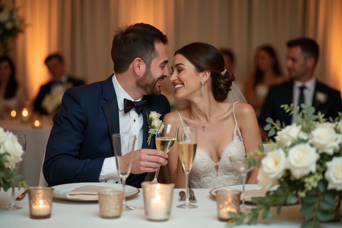 Couple de mariés assis à la table de réception riant ensemble avec des flûtes de champagne lors d'un dîner de mariage élégant