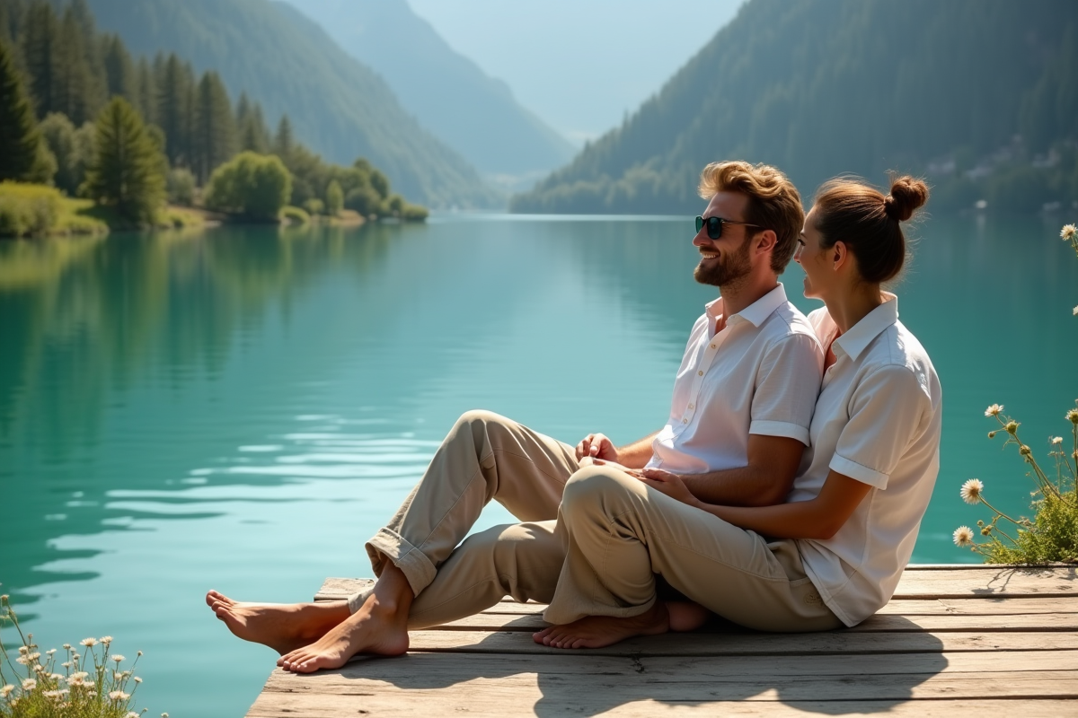 Jeune couple assis sur un ponton au bord d