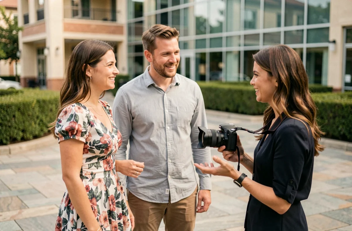 Un couple discutant de leur séance photo avec une photographe professionnelle sur une place piétonne à Issy-les-Moulineaux