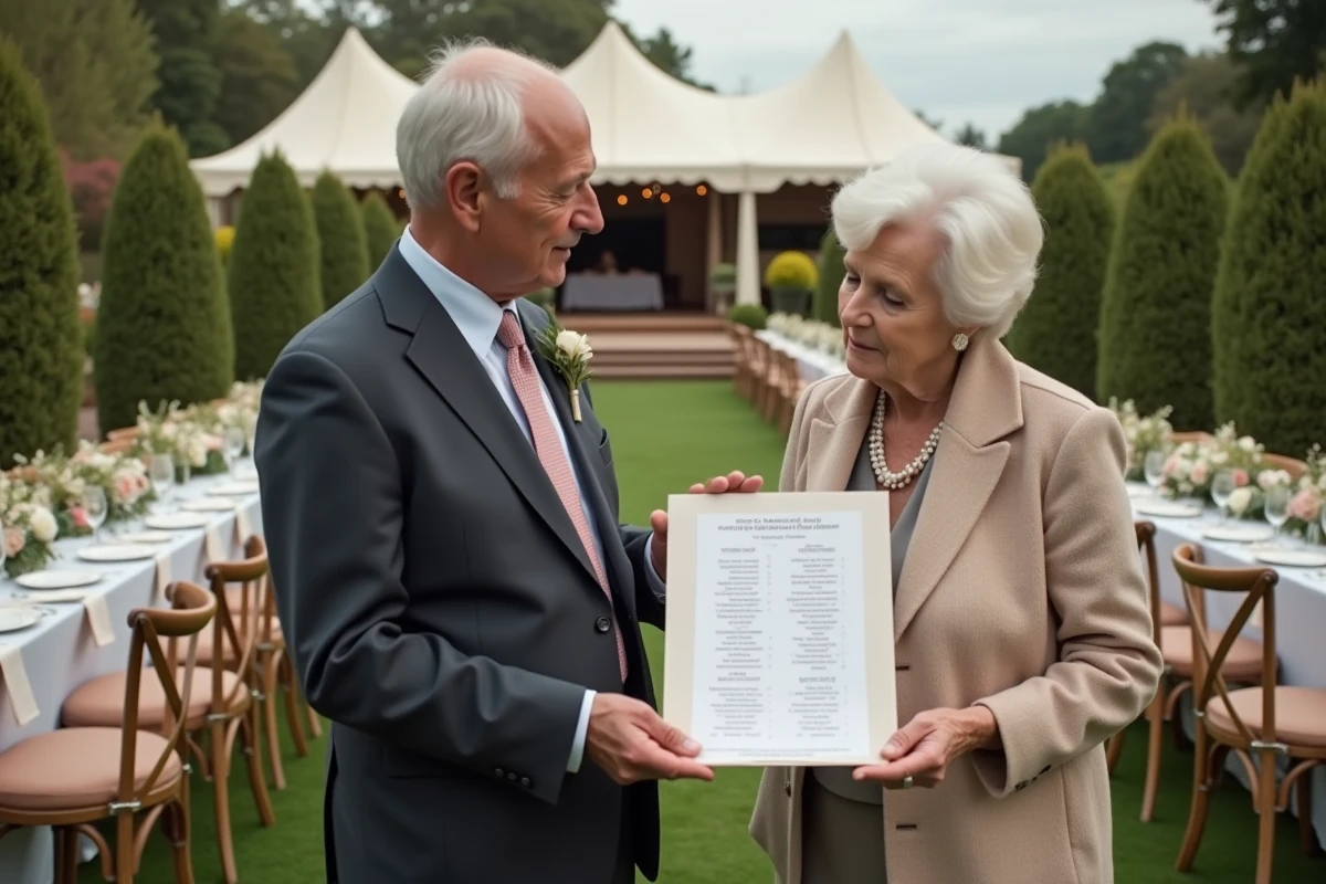 Vieux couple vérifiant le plan de table en extérieur
