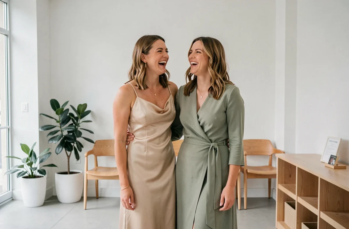 Deux femmes en robes de cérémonie élégantes pour un mariage civil en mairie moderne