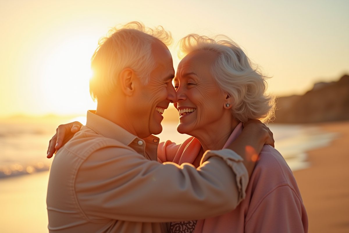 Couple senior souriant sur la plage au lever du soleil