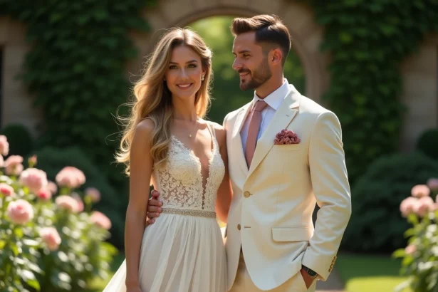 Couple coordonné en tenue vintage pour un mariage, robe en dentelle ivoire années 60 et costume lin crème dans un jardin fleuri