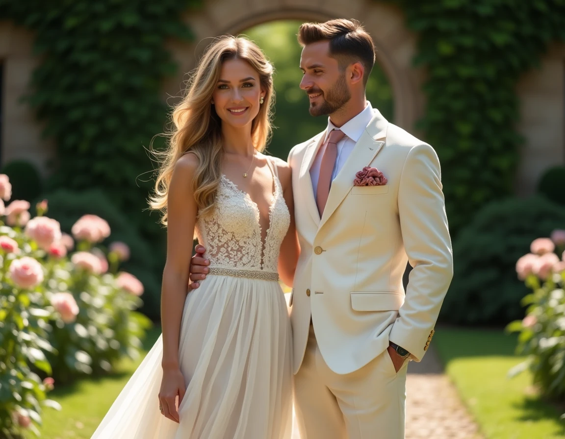Couple coordonné en tenue vintage pour un mariage, robe en dentelle ivoire années 60 et costume lin crème dans un jardin fleuri