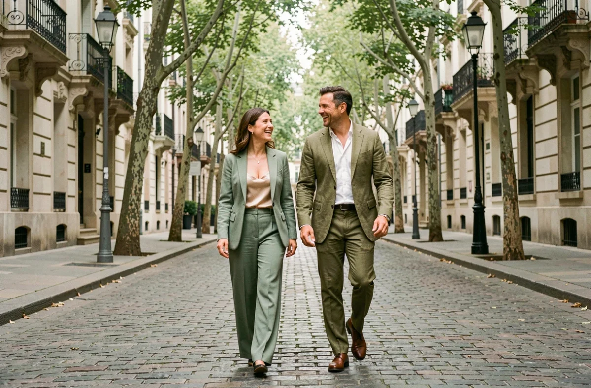 Couple en tenues assorties vert sauge et lin olive marchant dans une rue pavée après leur mariage civil