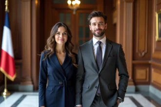 Couple élégant dans un hall de mairie en bois