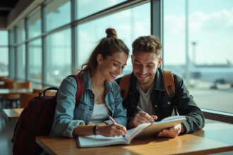 Jeune couple à l'aéroport avec tablette et brochures