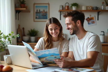 Jeune couple souriant planifiant voyage à la maison