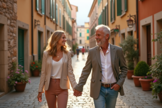 Couple souriant marchant dans une vieille ville européenne