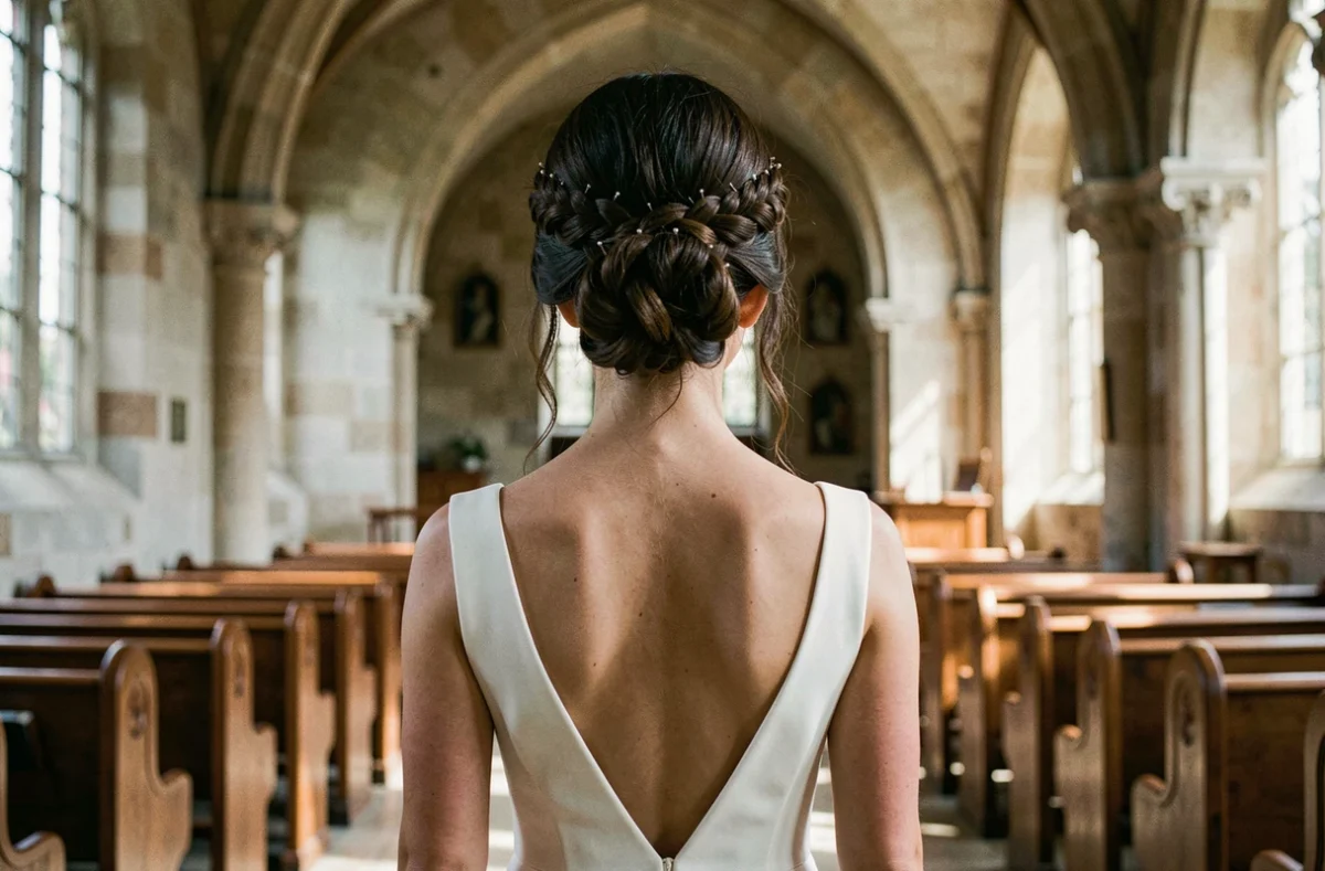 Vue de dos d'une mariée aux cheveux fins coiffée d'une couronne tressée volumisée en demi-chignon dans une église