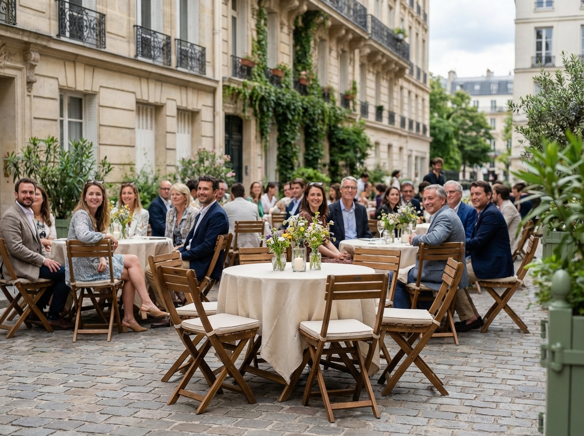 Invités assis dans une cour parisienne élégante