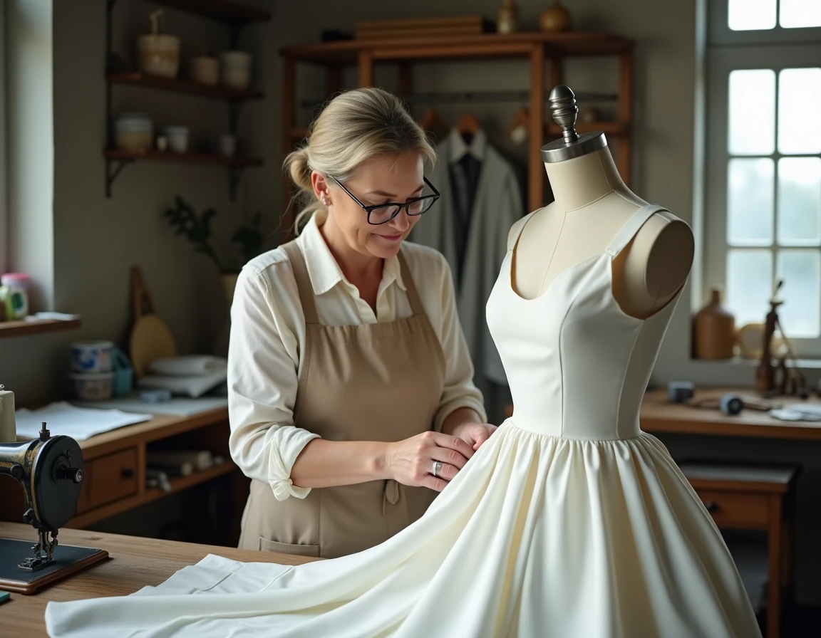 Couturière ajustant à la main une robe de mariée simple et économique sur mesure dans un atelier de couture artisanal