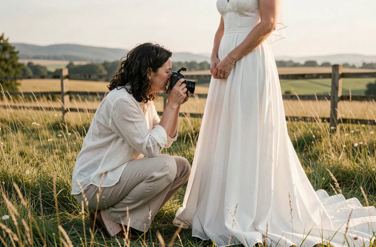 Cristèle Domanec photographiant une mariée dans une prairie de la campagne lorraine lors d'une séance portrait