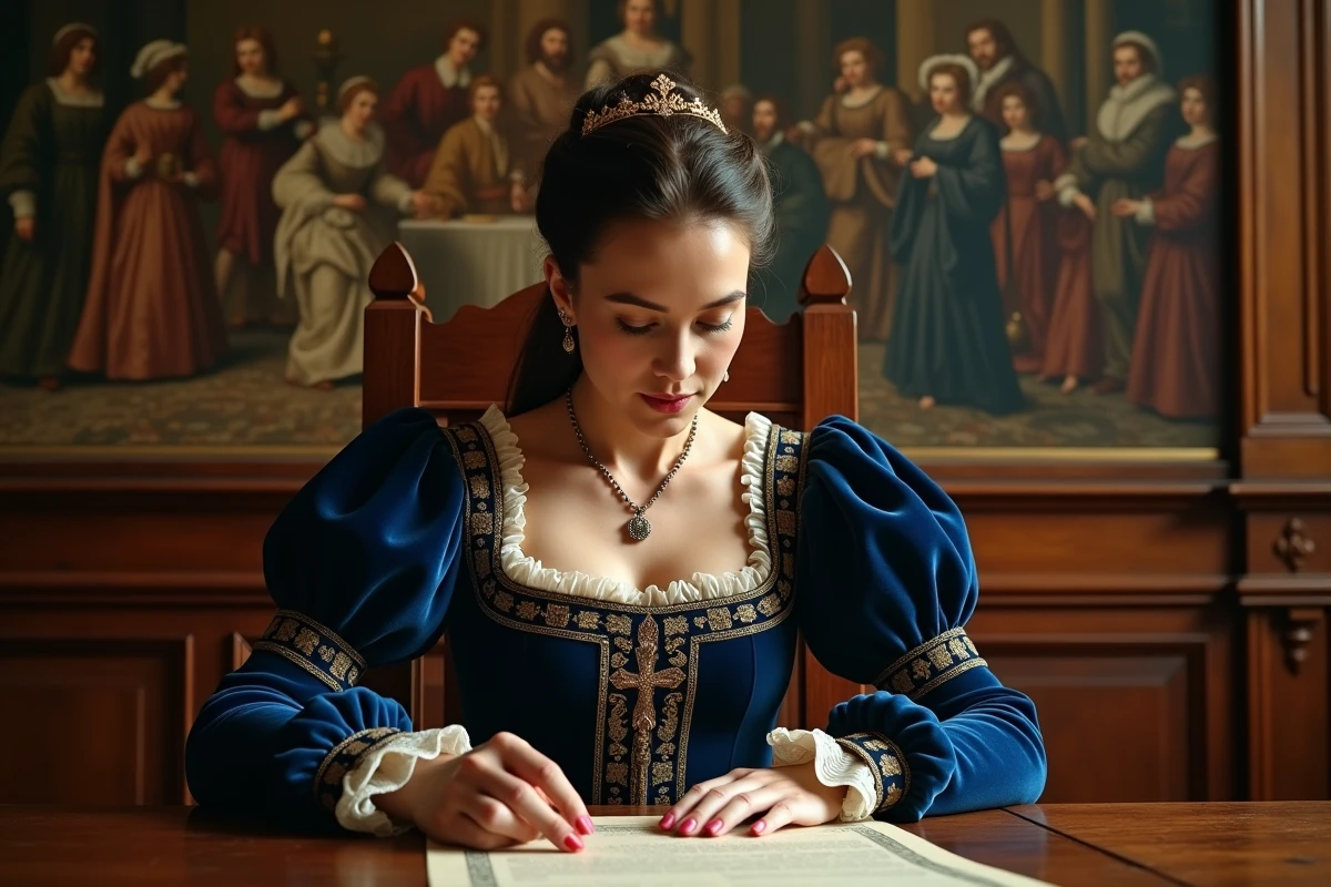 Dame Tudor en velours bleu lisant un parchemin dans une salle noble
