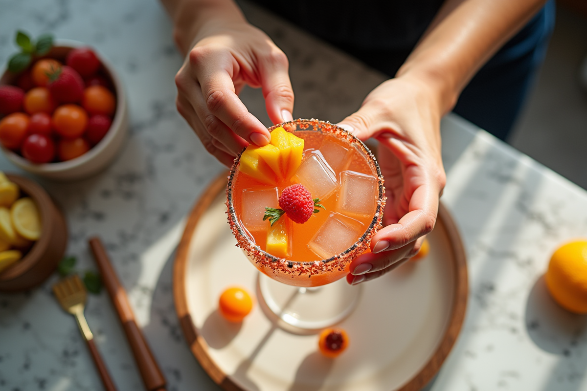 Mains décorant des cocktails avec fruits et glaçons artistiques