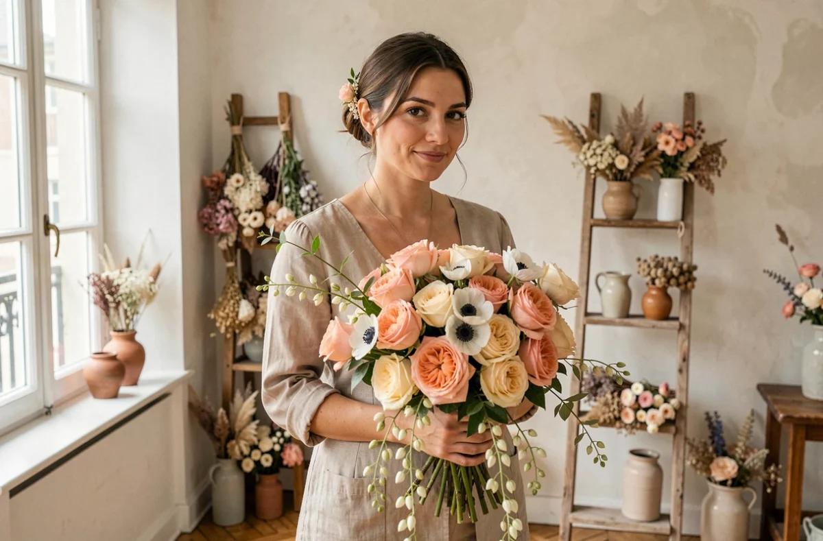 Fleuriste Delphine à Lille tenant un bouquet de mariée romantique avec roses, anémones et jasmin dans un studio floral intime