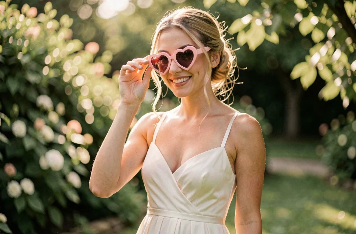 Demoiselle d'honneur portant des lunettes en forme de cœur rose lors d'une réception de mariage en plein air dans un jardin verdoyant