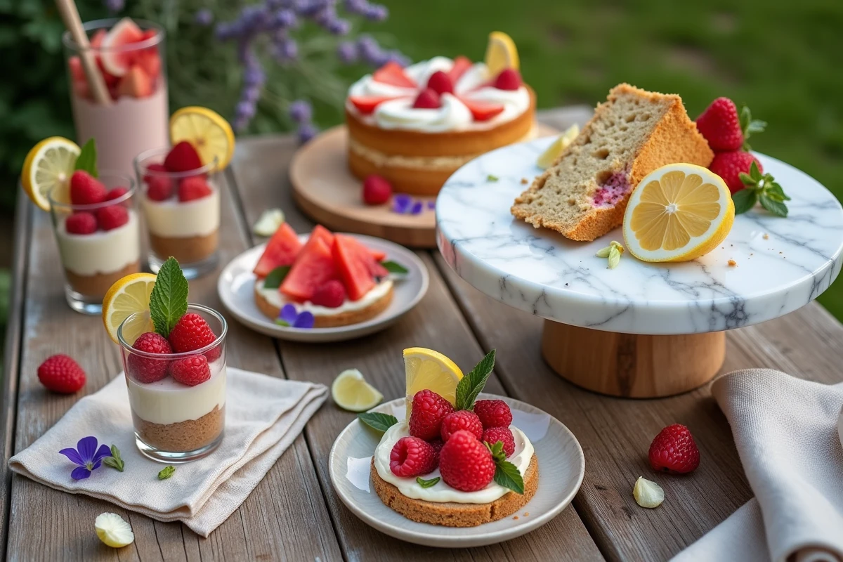 Desserts légers et frais pour un buffet de mariage en été, verrines et fruits de saison