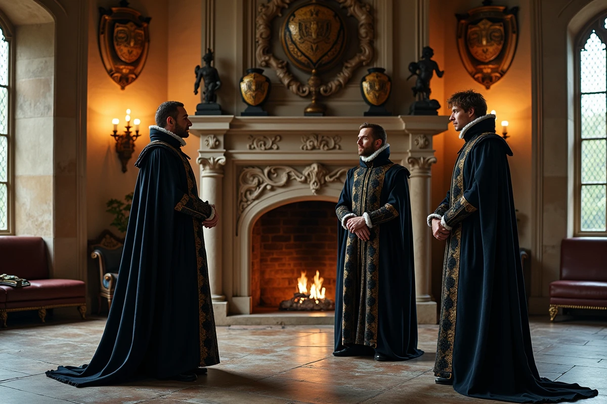 Trois hommes Tudor discutant près d