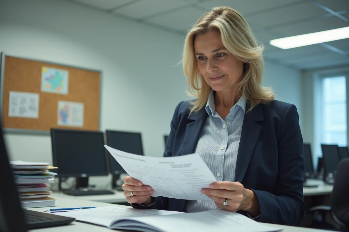 Employée municipale consultant les tarifs de location de salle des fêtes dans un bureau administratif français