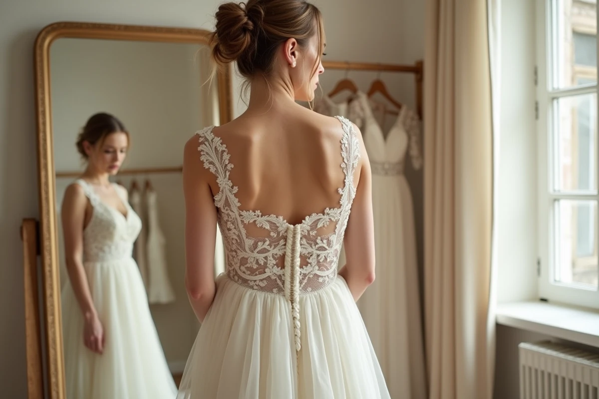 Femme inspectant la qualité d'une robe de mariée bohème dans une boutique de mariage