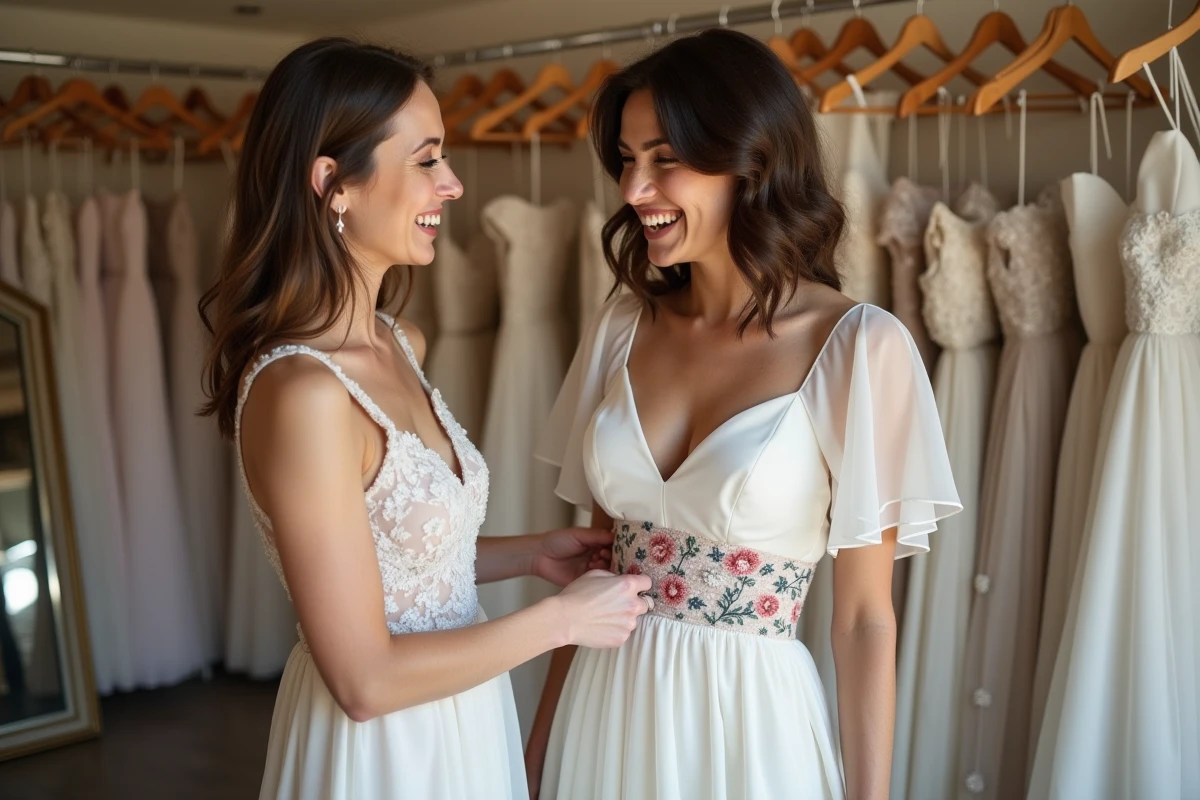 Essayage robe de mariée bohème pas chère dans une boutique de mariage à Lyon